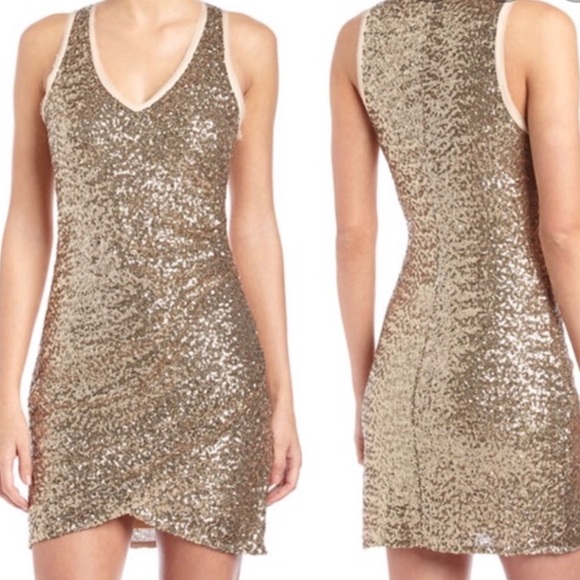 Ali Ro Ruched V-Neck Gold Sequin Dress - Picture 2 of 8